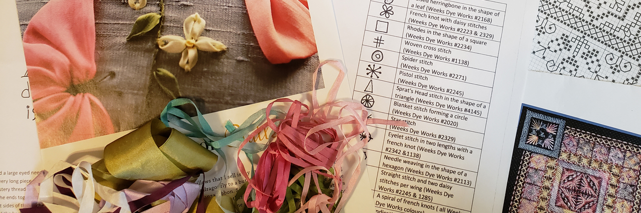 Silk ribbon for embroidery and emabroidey patterns on a table.