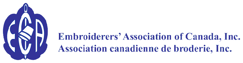 The shield emblem of the Embroiderers' Association of Canada, with a needle, thimble and the letters E, A, C, and the words Embroiderers' Association of Canada, Inc./Association canadienne de broderie, Inc. Inc.