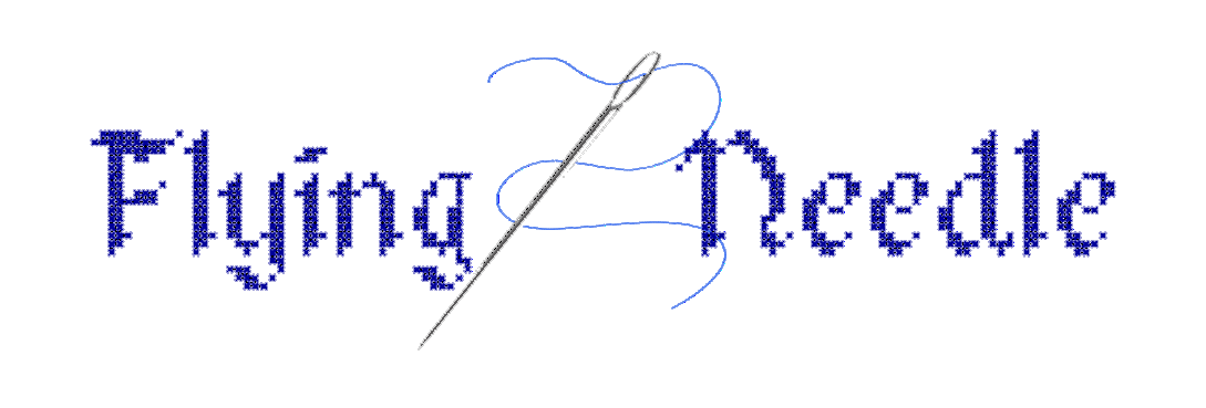 The words Flying Needle drawn to look like cross stitch embroidery