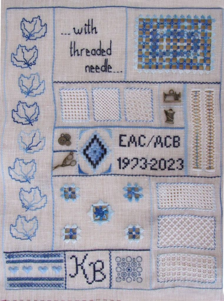 photo of a grid pattern of embroidery in a variety of techniques and texture with the words, "with threaded needle" and EAC/ACB 1973-2023