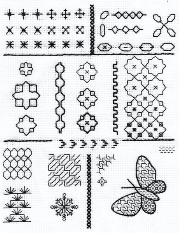 Photo of blackwork embroidery consisting of lines of small straight stitches that form patterns that appear lighter and darker based on how close the stitches are and how thick the thread
