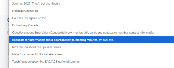 Screenshot of a dropdown list with the text, " Requests for information about board meetings, meeting minutes, bylaws, etc."