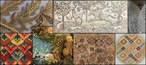 A grouping of photographs of embroidered items.