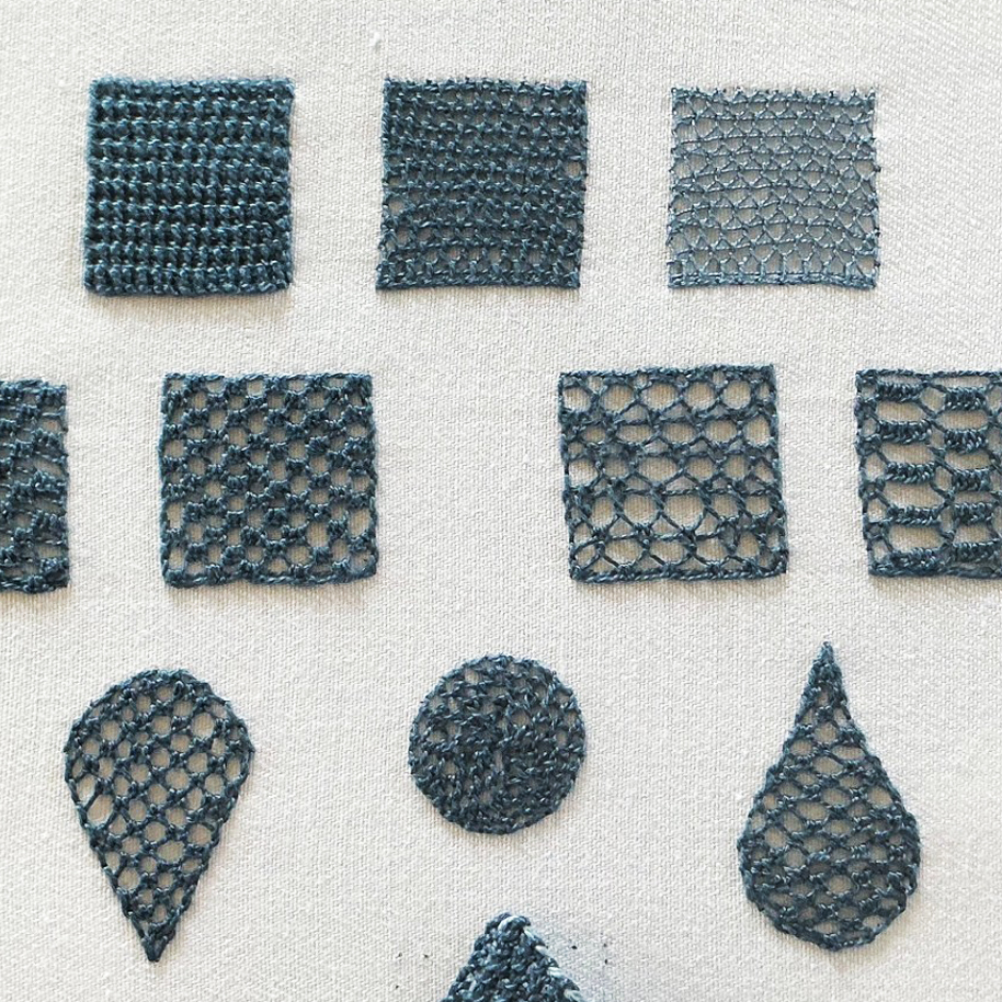 Photos of small pieces of lace made with needlelace stitches.