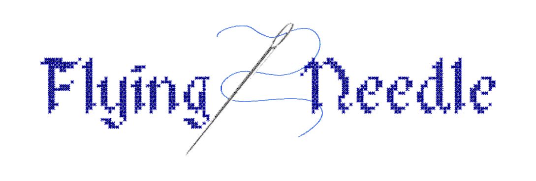 The words Flying Needle drawn to look like cross stitch embroidery