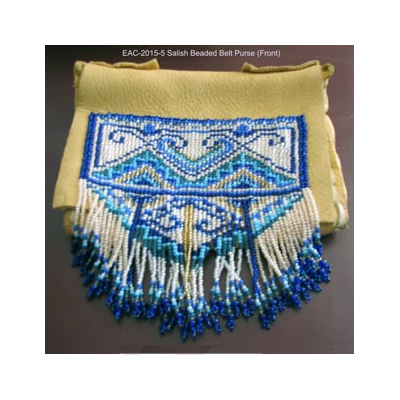 Photo of a Salish beaded belted purse made with deer hide and and a decoratively beaded flap.