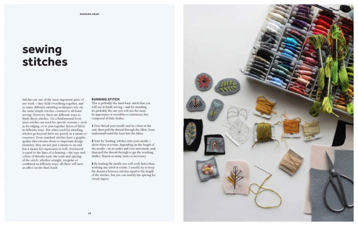 Two interior pages of a an open book, one with text and the other with a photo of embroidery threads and some small pieces of fabric with embroidered leaves and flowers on them.