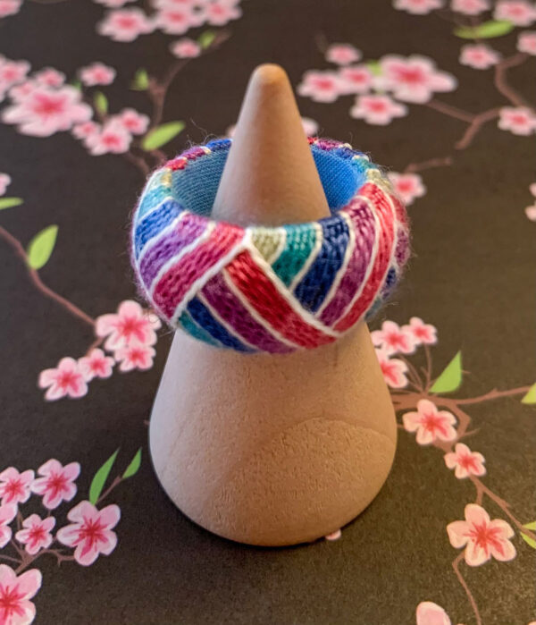 Photo of a ring covered with a geometric pattern of threads covering it, designed to be worn as protection when pushing a needle through fabrics..