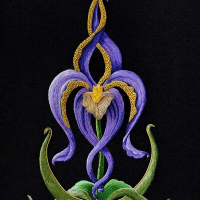 Photo of a stylized, embroidered iris blossom in shades of purple and green leaves, both with gold metallic accents.