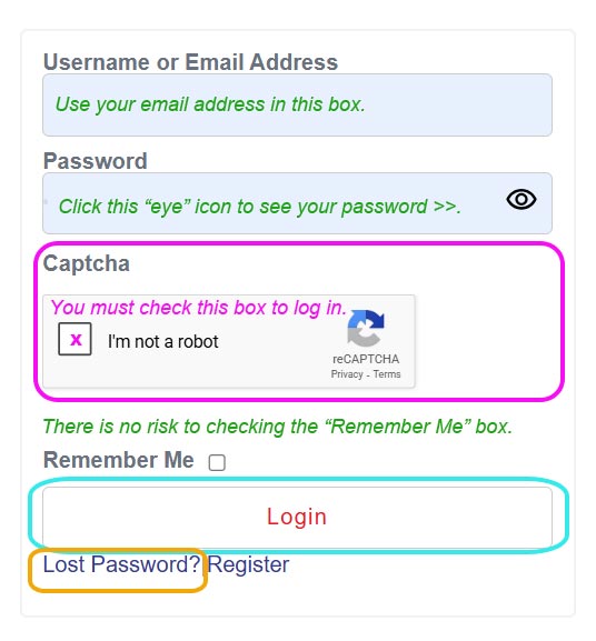 A screenshot of the login form for My EAC/Mon ACB with areas outlined and labelled to explain how to use the form.