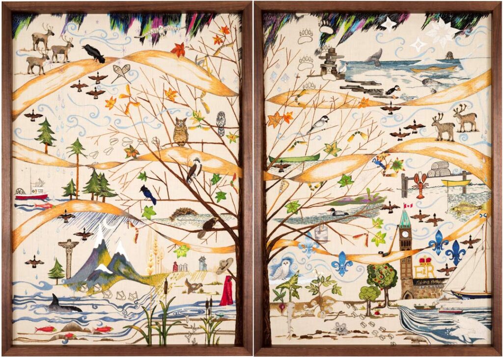 A photo of two panels of textile art with both centre edges having one side of a tree to form a cohesive whole. Iconic Canadian motifs are embroidered over much of the background. These include the aurora borealis, trees and other significant plants, whales, fish, birds, caribou, oceans, rivers and lakes, fishing boats, and more.