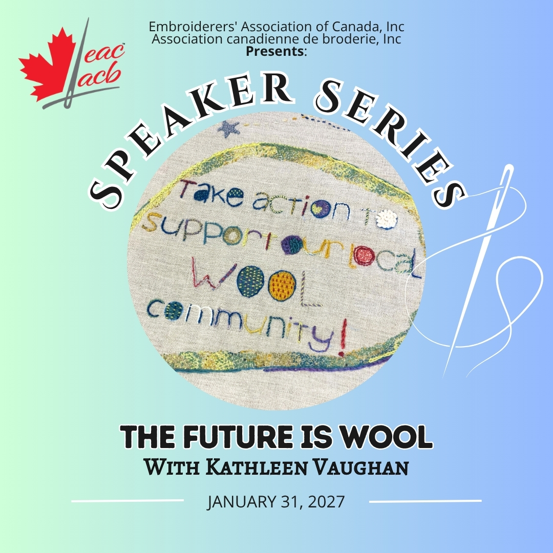 Speaker series template. Inside the circle is the wording "Take action to support our local wool community" stitched in various colours and textures of yarn/thread.